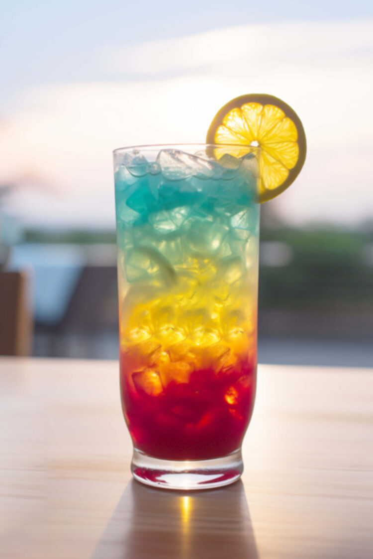 Rainbow Paradise cocktail on table in front of beach background