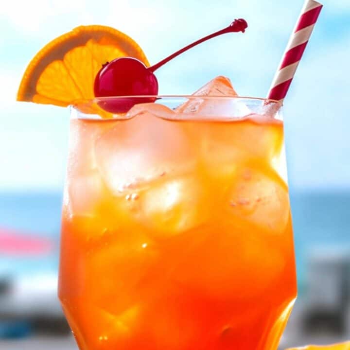 Rum Punch cocktail with cherry and orange garnish