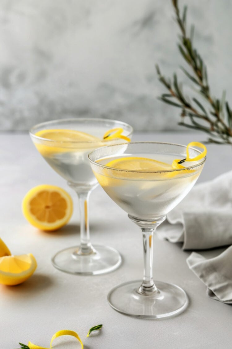 Two Silver Cocktails with lemon twists