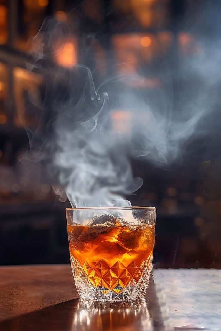 Smoked cocktail in old fashioned glass on bar