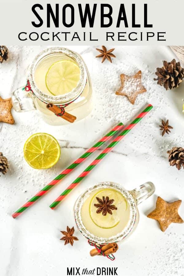 Overhead view of Snowball cocktail in mason jar with cinnamon sticks