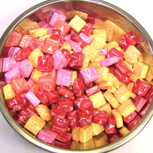 Chrome bowl filled with Starbursts