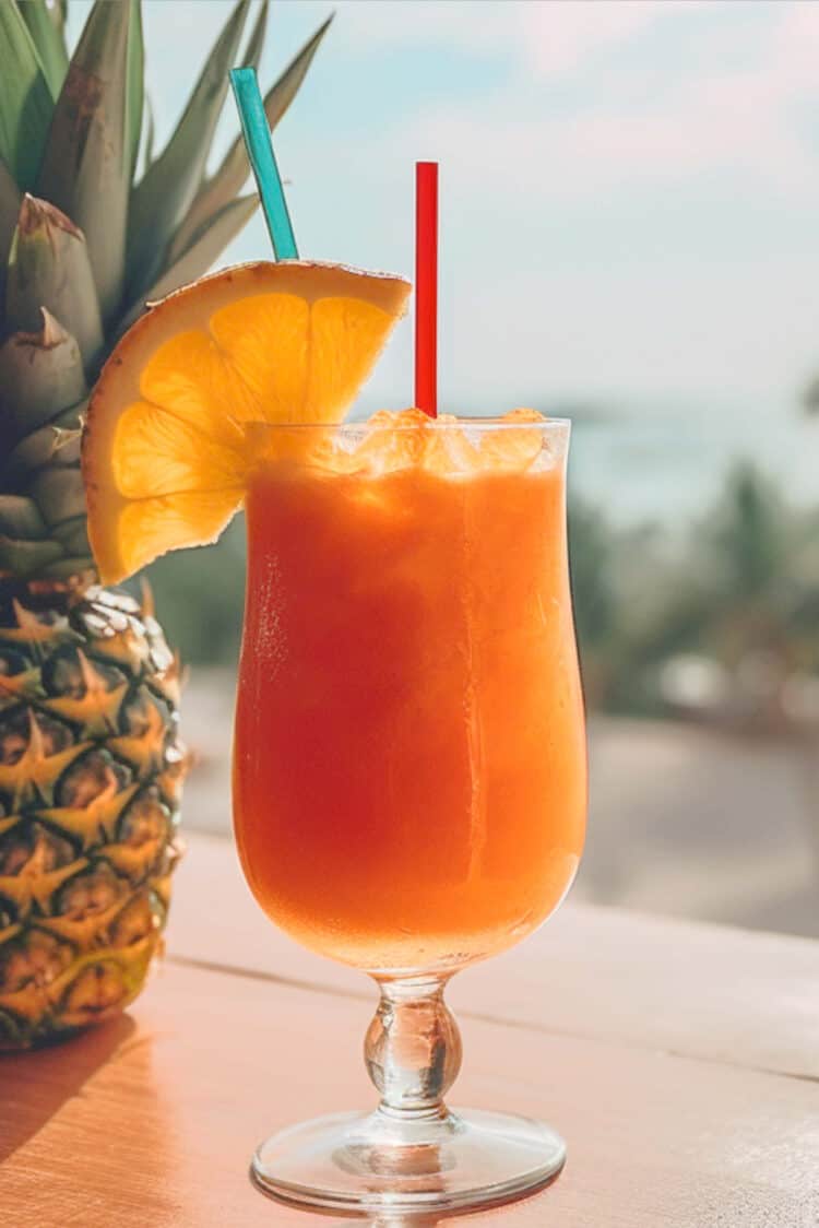 Sweet Tropics Cocktail on window sill in front of beach background