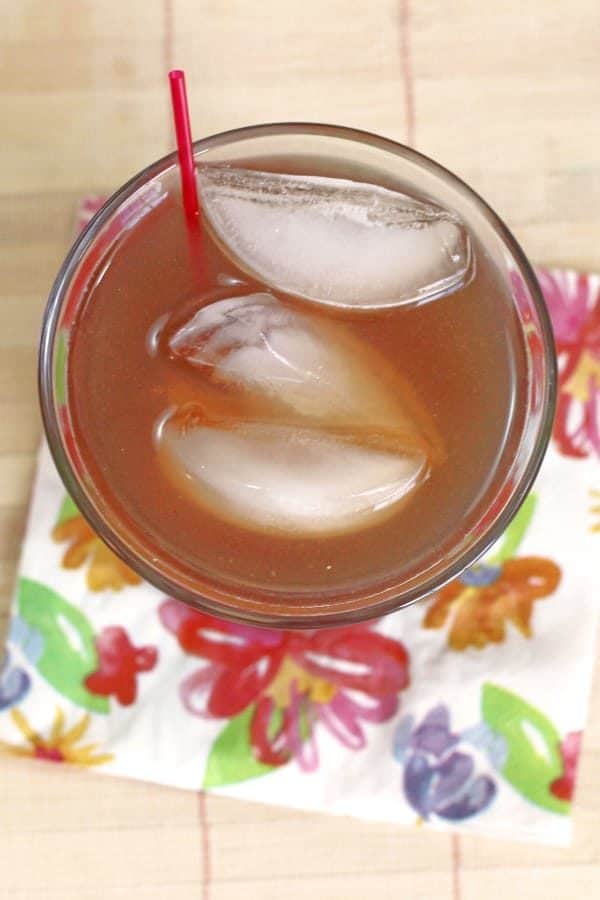 Overhead view of Tennessee Tea drink served on ice on cocktail napkin