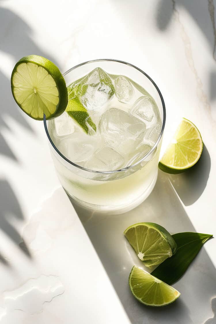Overhead view of Tequila and Tonic drink with lime