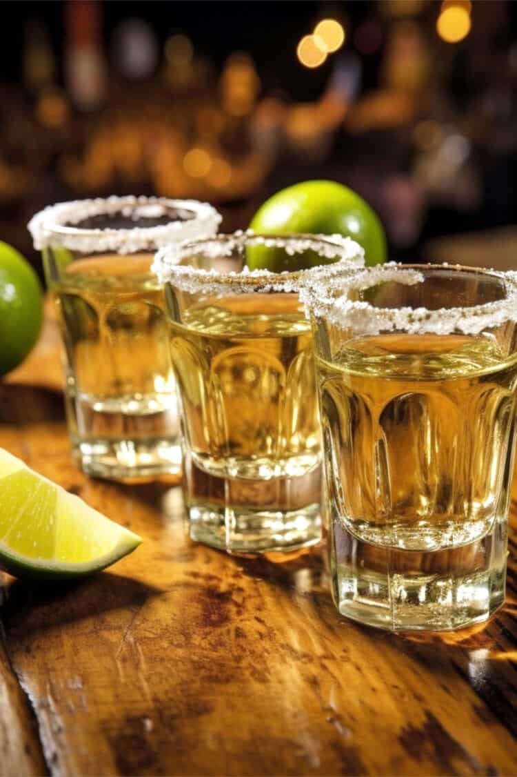 Tequila shooters lined up on bar with salt rims and limes