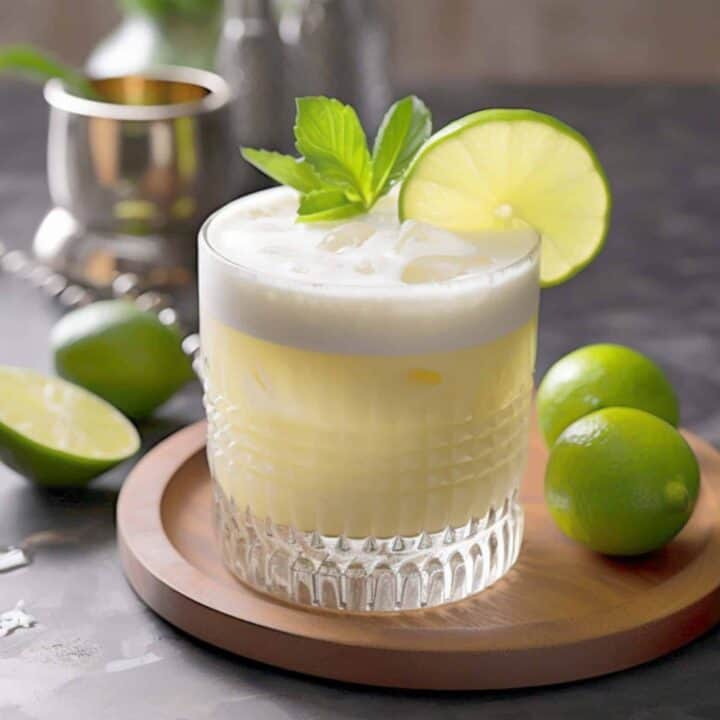 Tequila Sour cocktail with lime slice and mint garnish