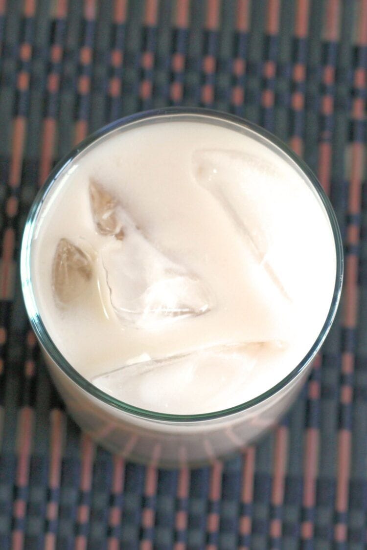 Overhead shot of Toasted Almond drink over ice in rocks glass