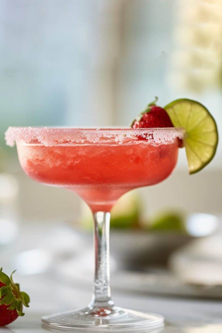 Triple Berry Margarita drink with lime wheel