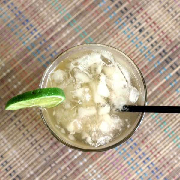 Overhead view of Venus Rum cocktail with lime wheel