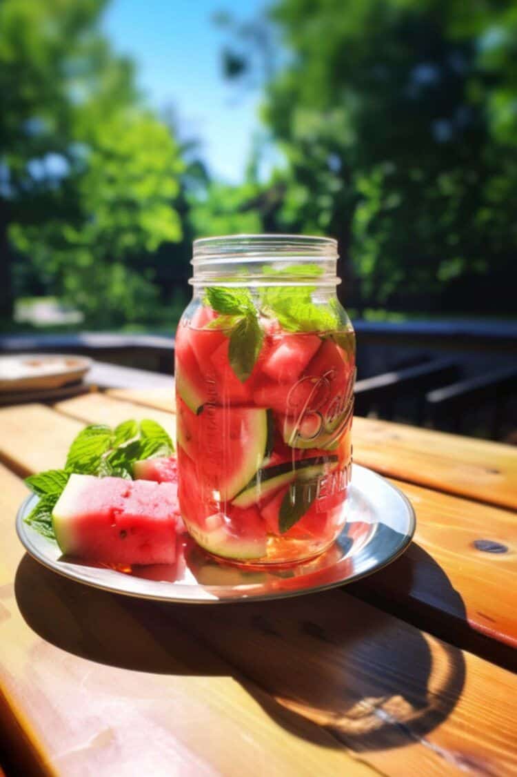 Jar of watermelon and basil infusing vodka on patio table