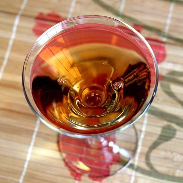 Overhead view of Whiskey Bomb drink in cocktail glass