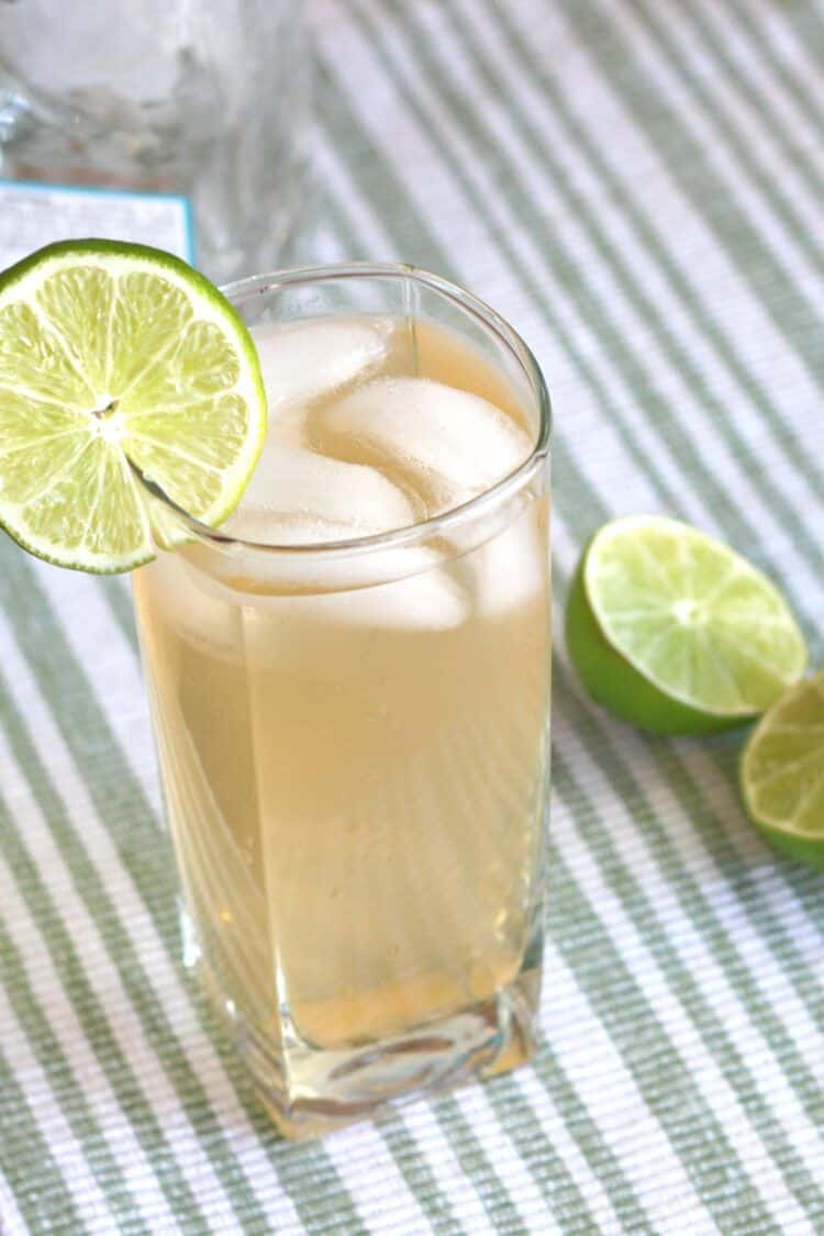 Angled view of White Lizard drink with lime wheel
