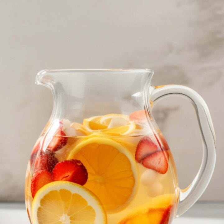 White Wine Sangria in pitcher on table