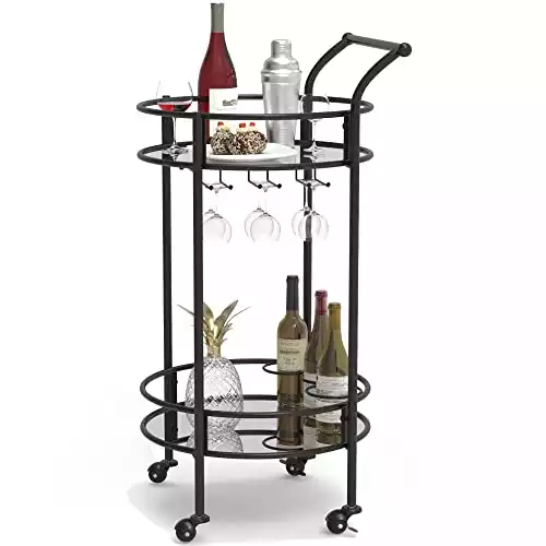 Round Black Rolling Bar Cart with 2 Mirror Shelves