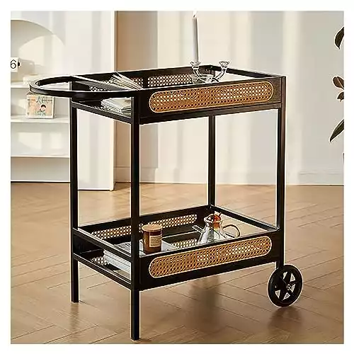 Rattan Weaving Rolling Beverage Trolley Cart